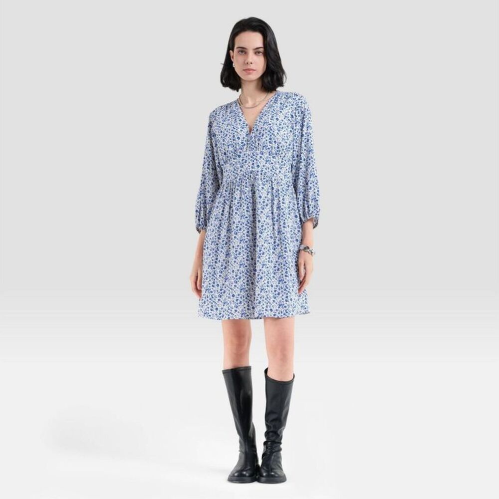 Women's Bishop 3/4 Sleeve Mini Babydoll Dress - Universal Thread Blue Floral S